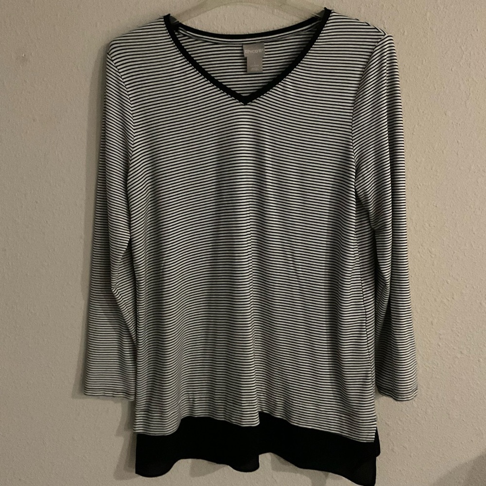 Chico's Long Sleeve Striped Tunic Black/White Sheer Trim Women’s Sz 8 Chico’s 1
